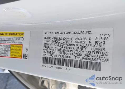 2020 Honda Accord Sport z USA, uszkodzony, nr VIN 1HGCV1F38LA031597